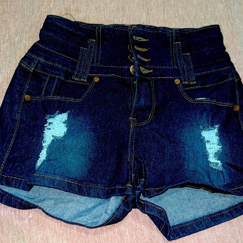 High waist dark blue denim rip shorts